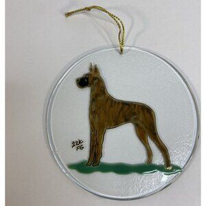 Great Dane Dog Brindle Christmas Tree Ornament Round Glass Hand Painted 22k Gold
